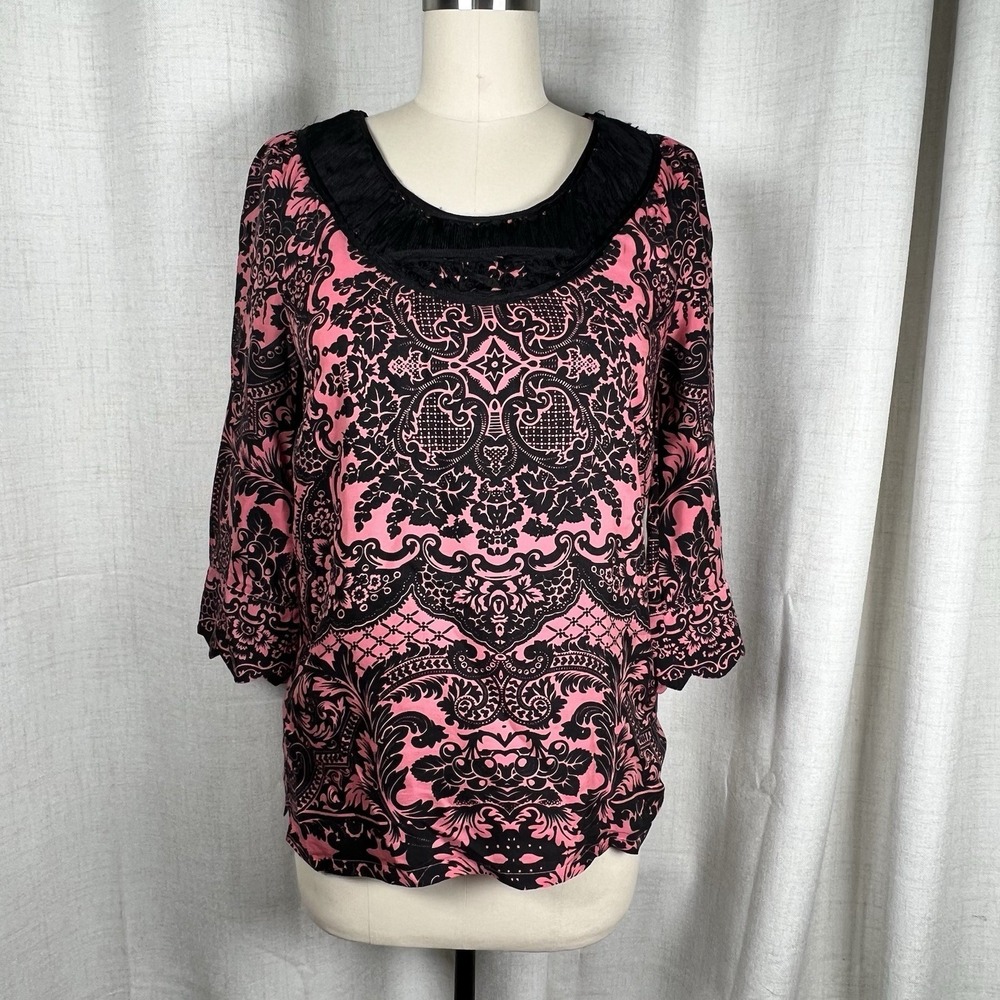 Vintage Y2K Robert Graham Damask Pattern 100% Silk Blouse Pink Black Small
